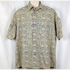 Cooke Street Honolulu Green & Blue Tapa Print Hawaiian Aloha Shirt Size Large